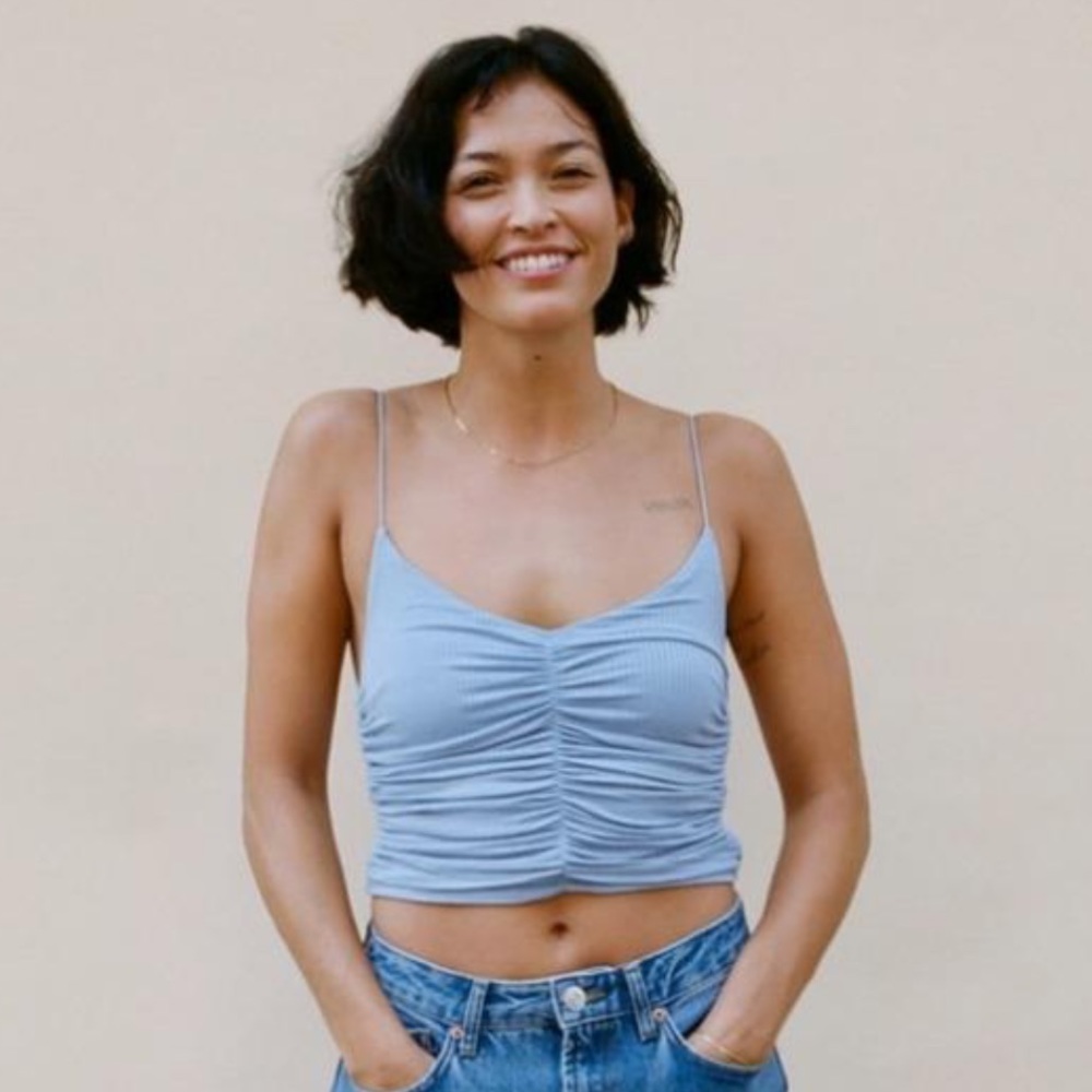 Urban Outfitters Dusty Blue Spaghetti Strap Crop Top with Rouching. Size L. NWT